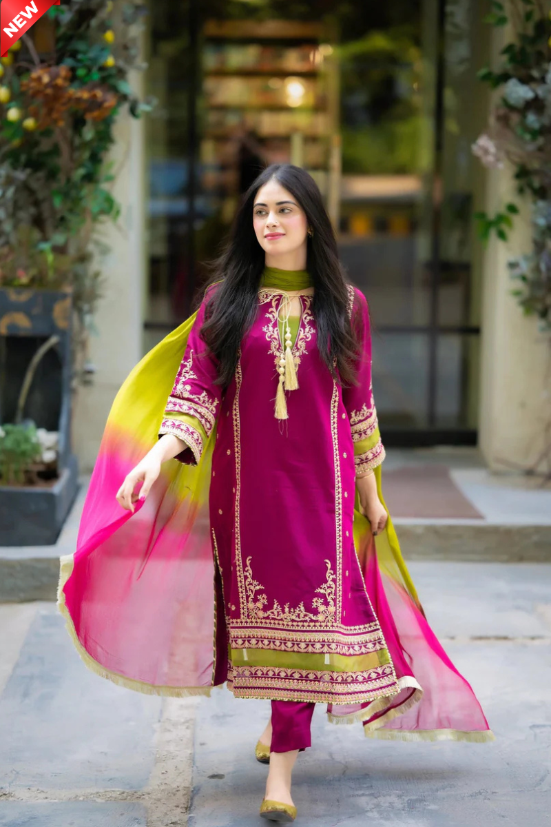 WIL  OMAL 0010 Fully Embroidered 3 piece With BAMBER TYE N DYE DUPTTA WITH LACE